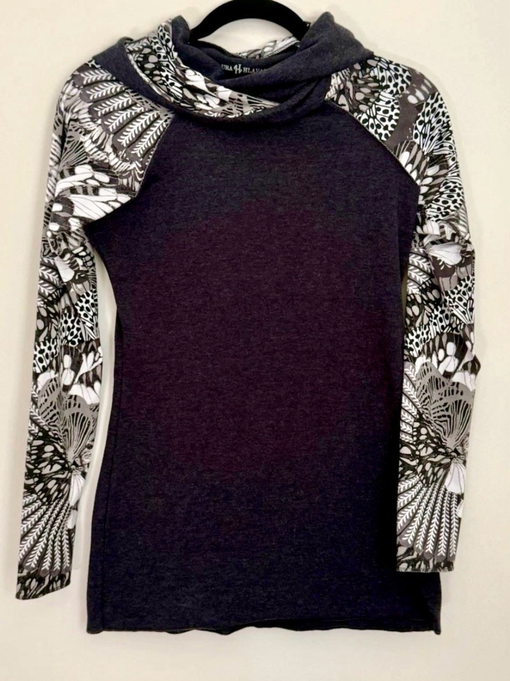 Laura Hlavac Cowl Neck Hoodie Tunic Womens Small 4 6 Charcoal Gray Pattern Sleev